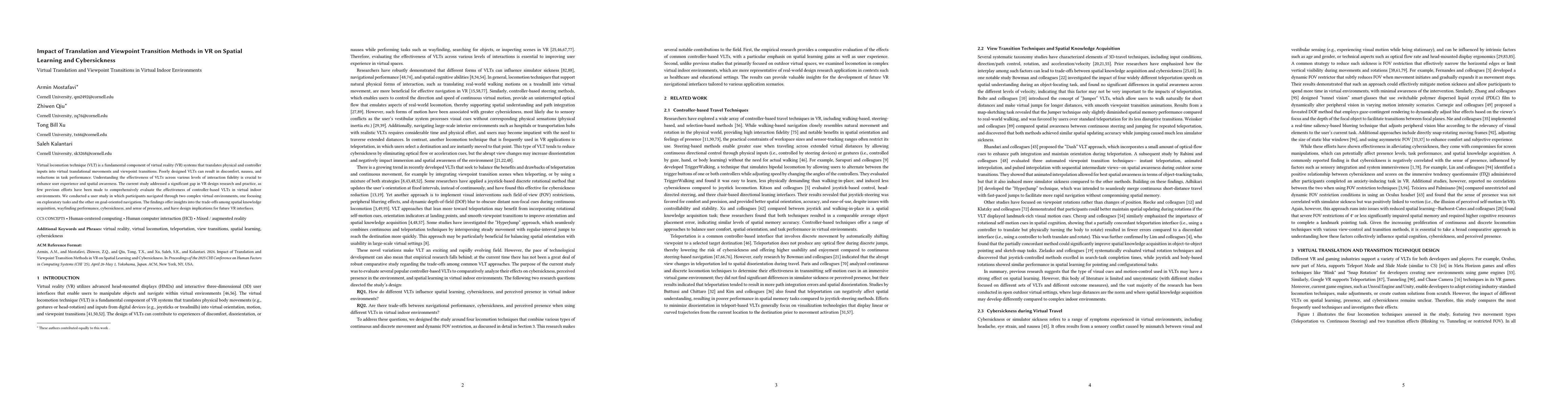 Thumbnail for Impact of Translation and Viewpoint Transition Methods in VR on Spatial
  Learning and Cybersickness