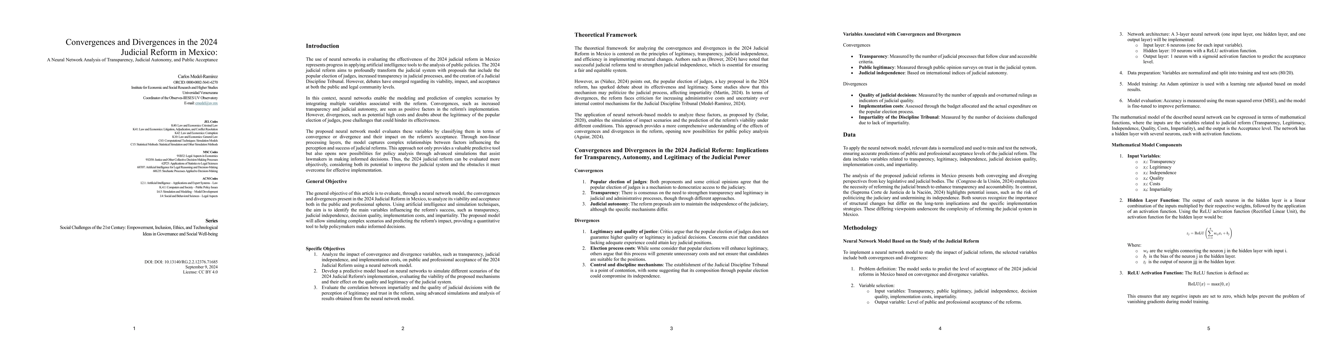 Thumbnail for Convergences and Divergences in the 2024 Judicial Reform in Mexico: A
  Neural Network Analysis of Transparency, Judicial Autonomy, and Public
  Acceptance