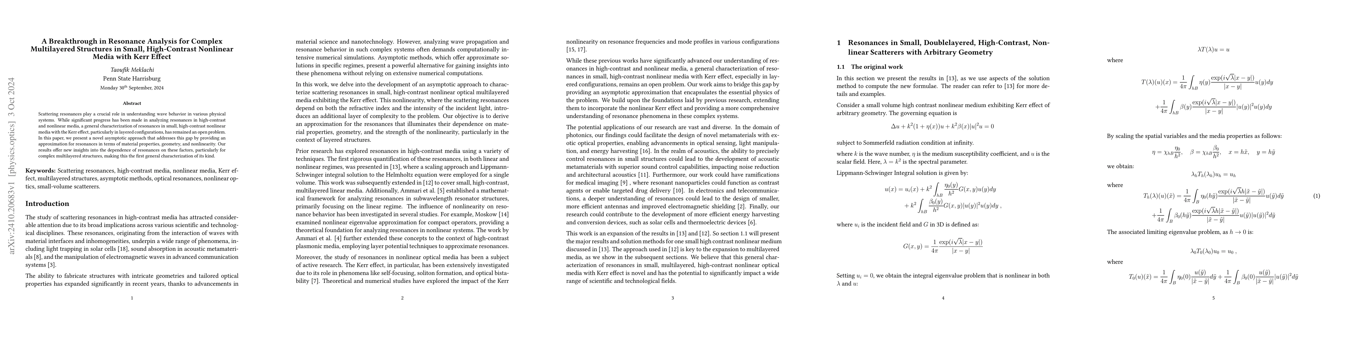 Thumbnail for A Breakthrough in Resonance Analysis for Complex Multilayered Structures
  in Small, High-Contrast Nonlinear Media with Kerr Effect