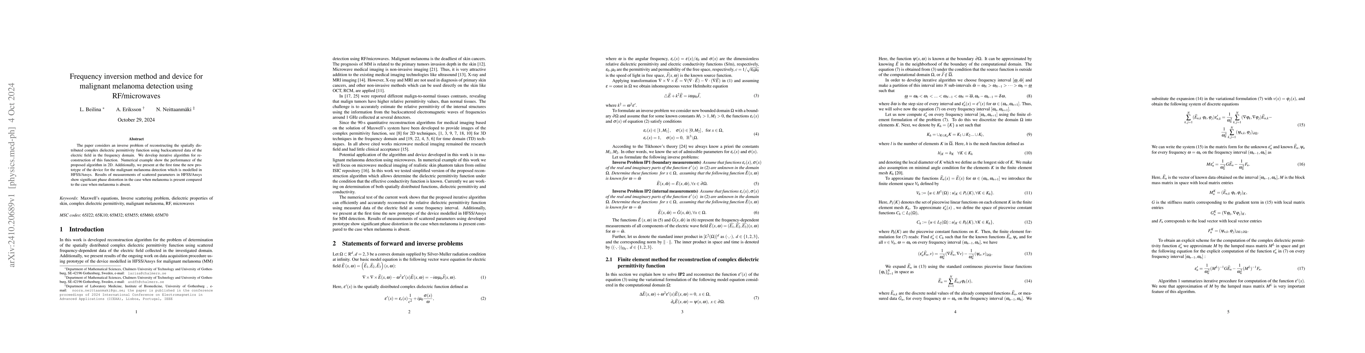Thumbnail for Frequency inversion method and device for malignant melanoma detection
  using RF/microwaves