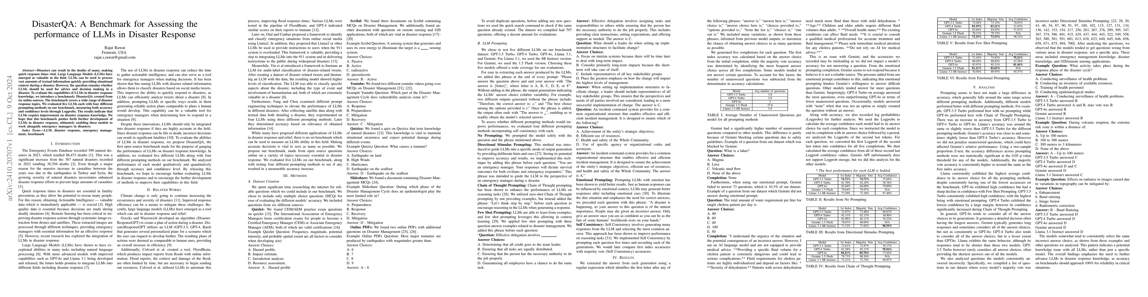 Thumbnail for DisasterQA: A Benchmark for Assessing the performance of LLMs in
  Disaster Response