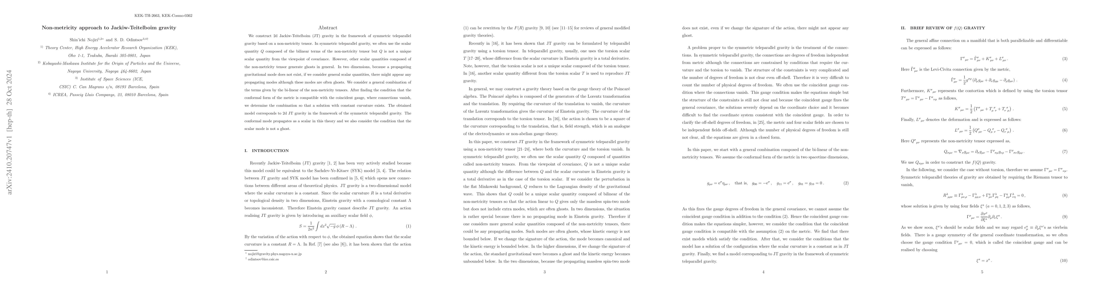 Thumbnail for Non-metricity approach to Jackiw-Teitelboim gravity
