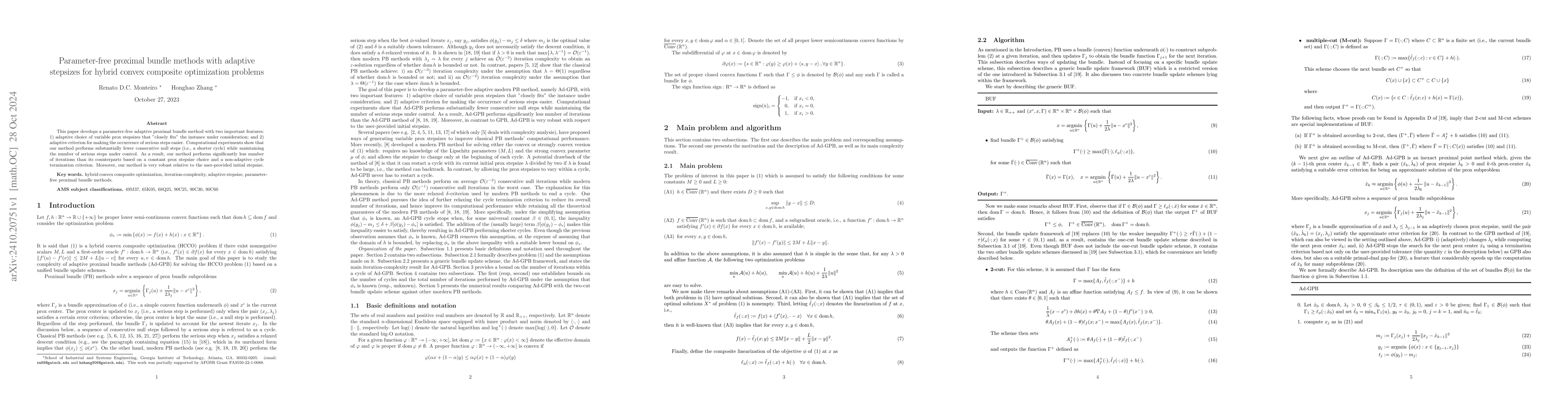 Thumbnail for Parameter-free proximal bundle methods with adaptive stepsizes for
  hybrid convex composite optimization problems
