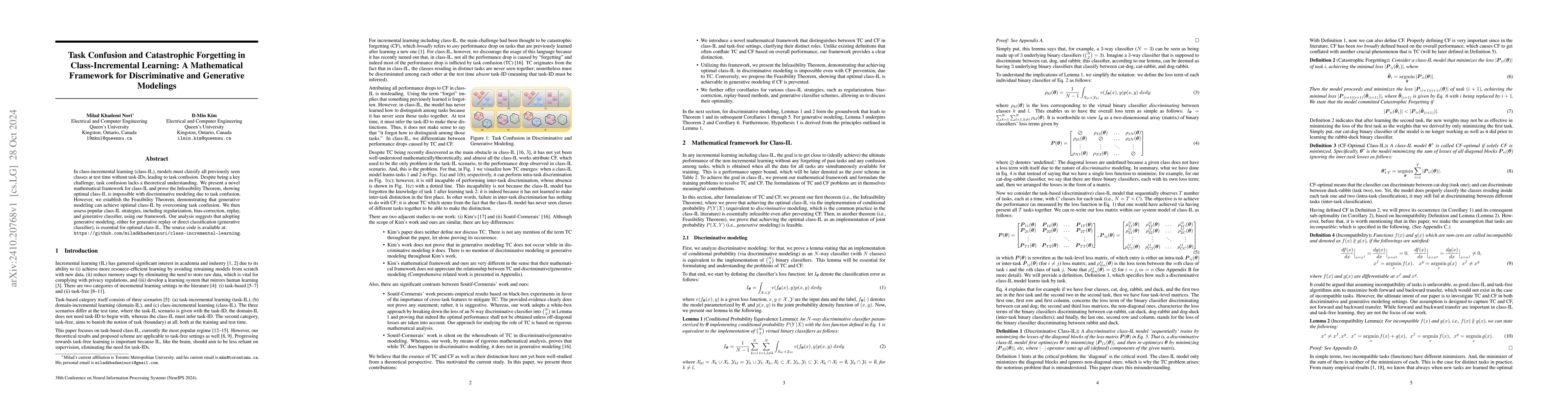 Thumbnail for Task Confusion and Catastrophic Forgetting in Class-Incremental
  Learning: A Mathematical Framework for Discriminative and Generative
  Modelings