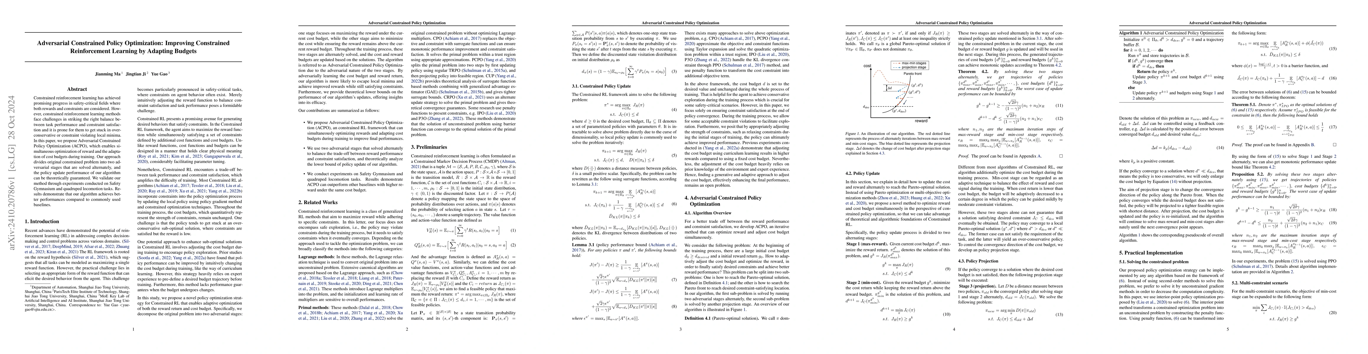 Thumbnail for Adversarial Constrained Policy Optimization: Improving Constrained
  Reinforcement Learning by Adapting Budgets