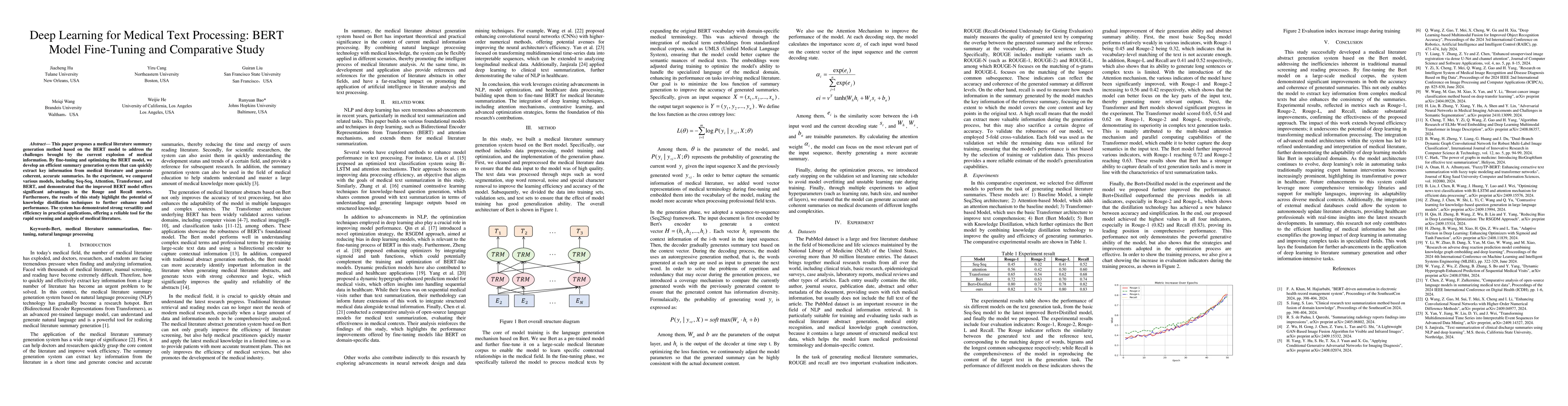 Thumbnail for Deep Learning for Medical Text Processing: BERT Model Fine-Tuning and
  Comparative Study