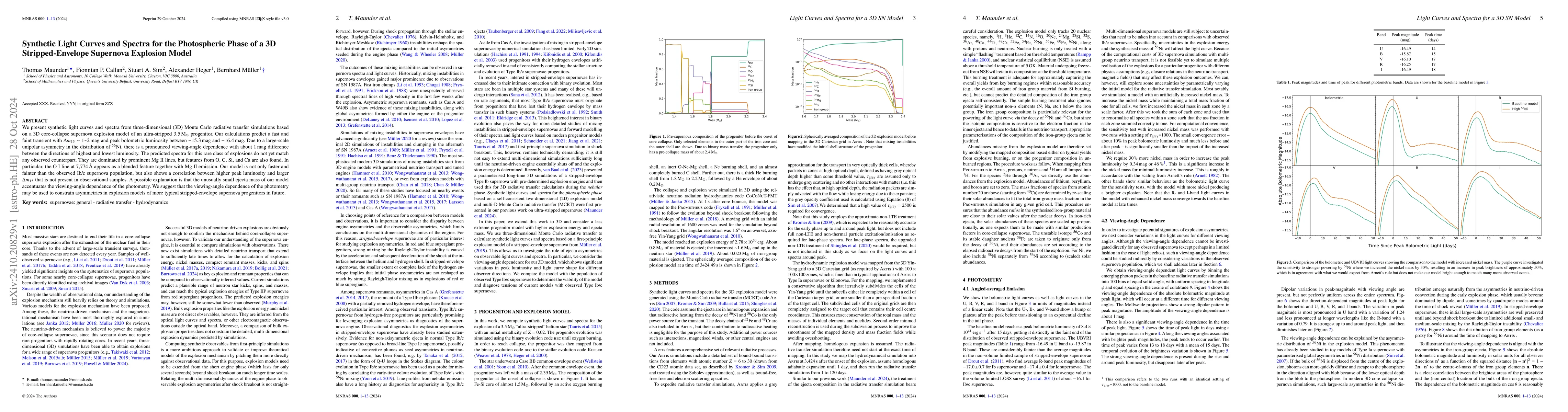 Thumbnail for Synthetic Light Curves and Spectra for the Photospheric Phase of a 3D
  Stripped-Envelope Supernova Explosion Model