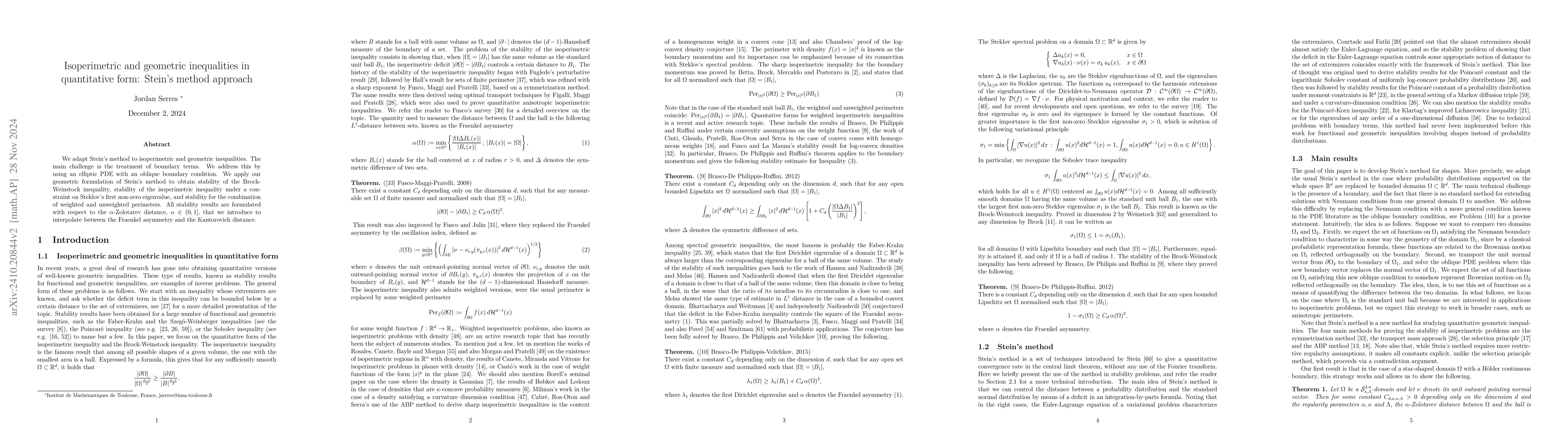 Thumbnail for Isoperimetric and geometric inequalities in quantitative form: Stein's
  method approach