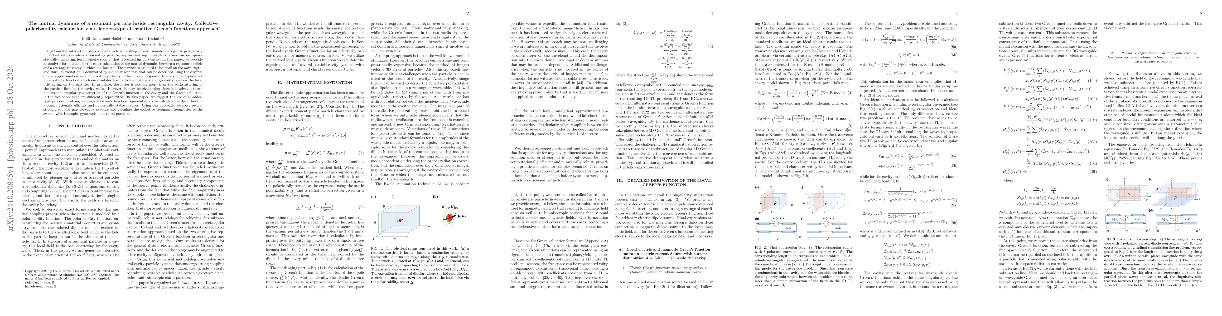 Thumbnail for The mutual dynamics of a resonant particle inside rectangular cavity:
  Collective polarizability calculation via a ladder-type alternative Green's
  functions approach