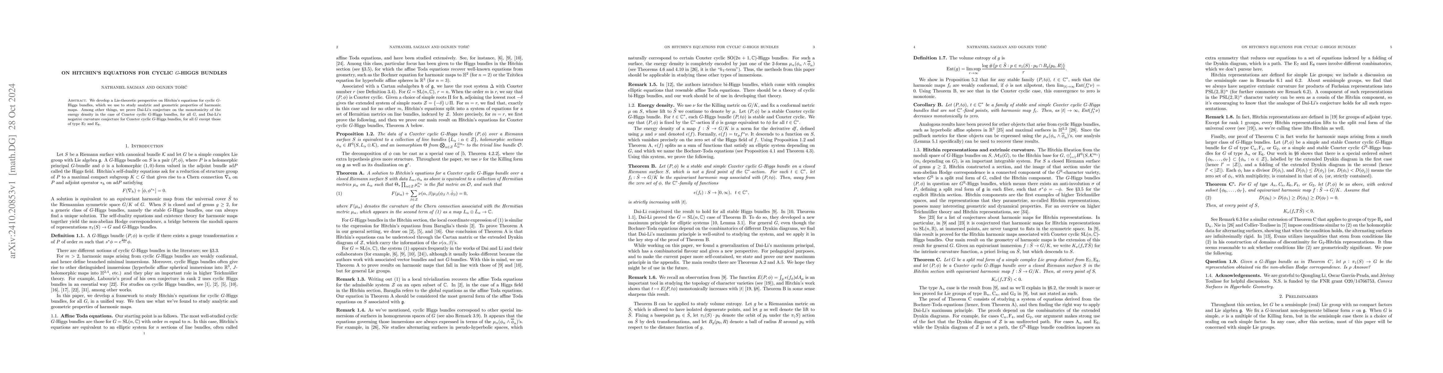 Thumbnail for On Hitchin's equations for cyclic G-Higgs bundles