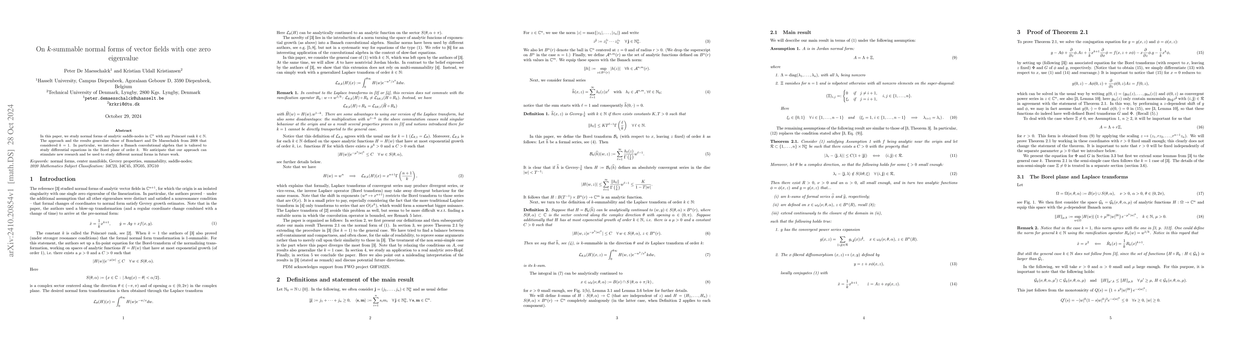 Thumbnail for On $k$-summable normal forms of vector fields with one zero eigenvalue