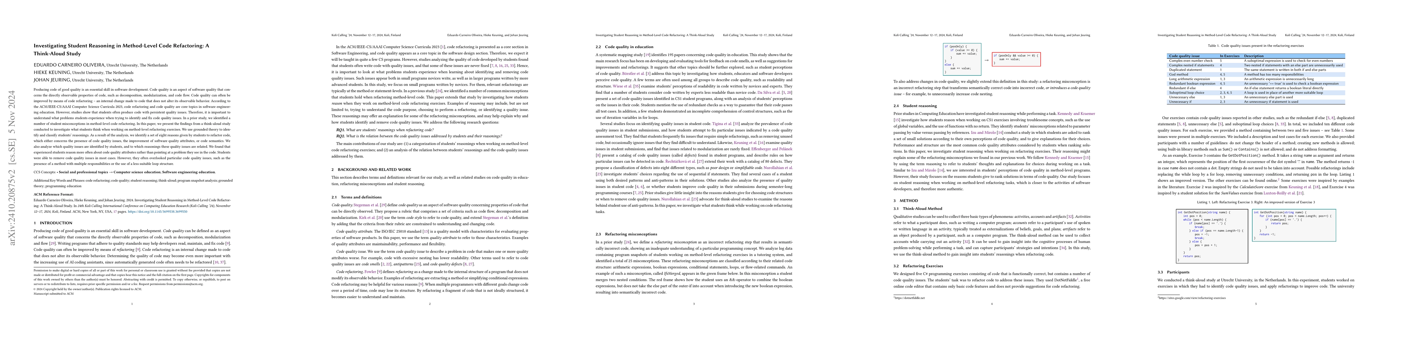Thumbnail for Investigating Student Reasoning in Method-Level Code Refactoring: A
  Think-Aloud Study