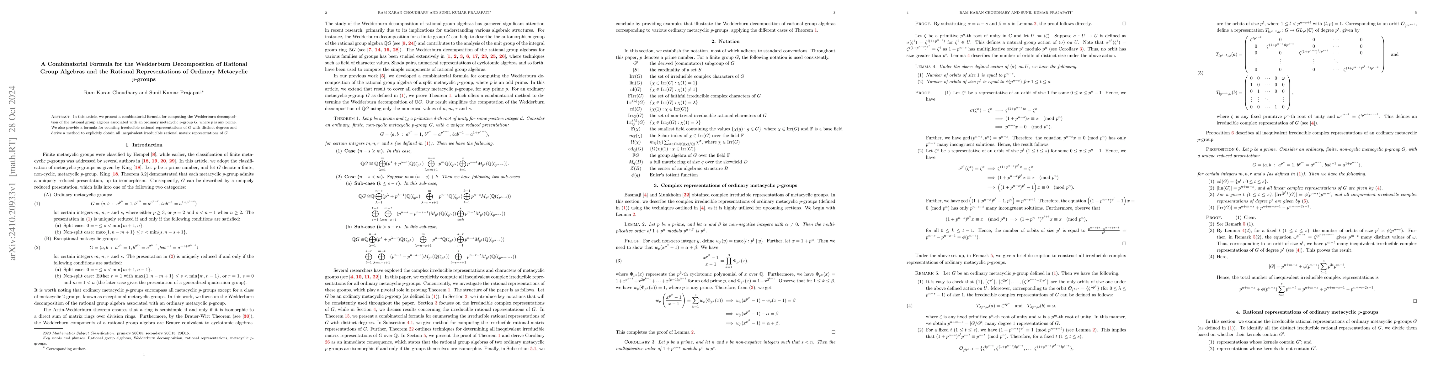 Thumbnail for A Combinatorial Formula for the Wedderburn Decomposition of Rational
  Group Algebras and the Rational Representations of Ordinary Metacyclic
  $p$-groups