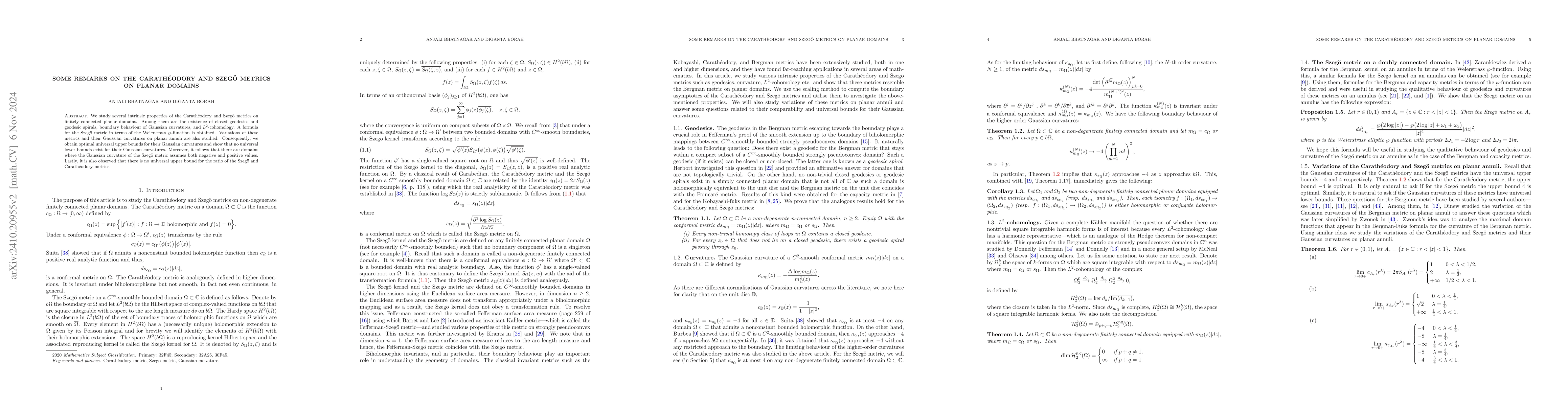 Thumbnail for Some remarks on the Carathéodory and Szegö metrics on planar domains
