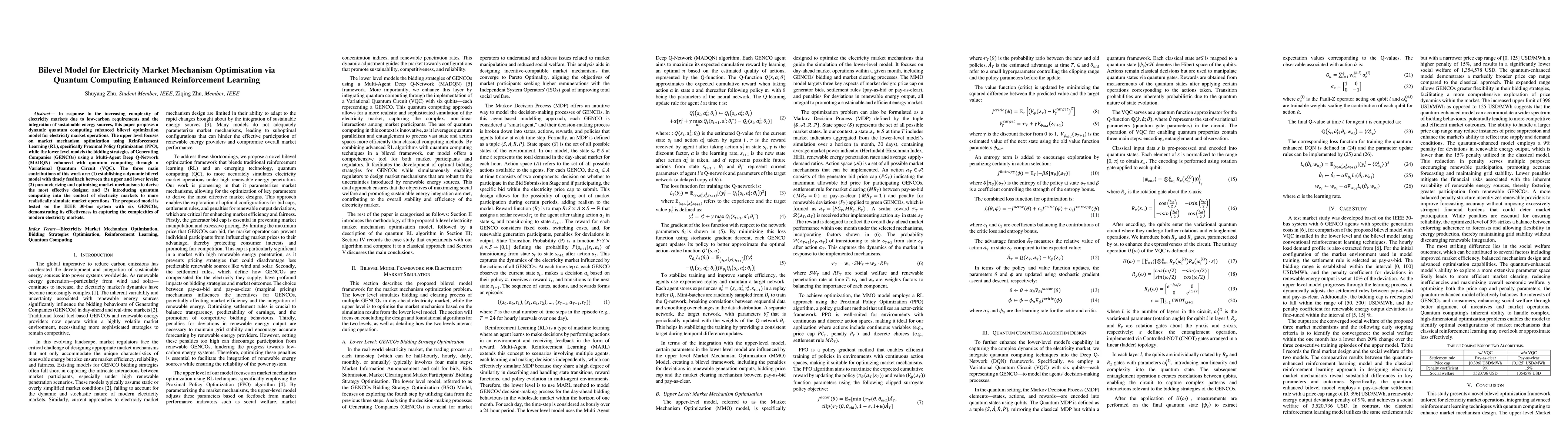 Thumbnail for Bilevel Model for Electricity Market Mechanism Optimisation via Quantum
  Computing Enhanced Reinforcement Learning