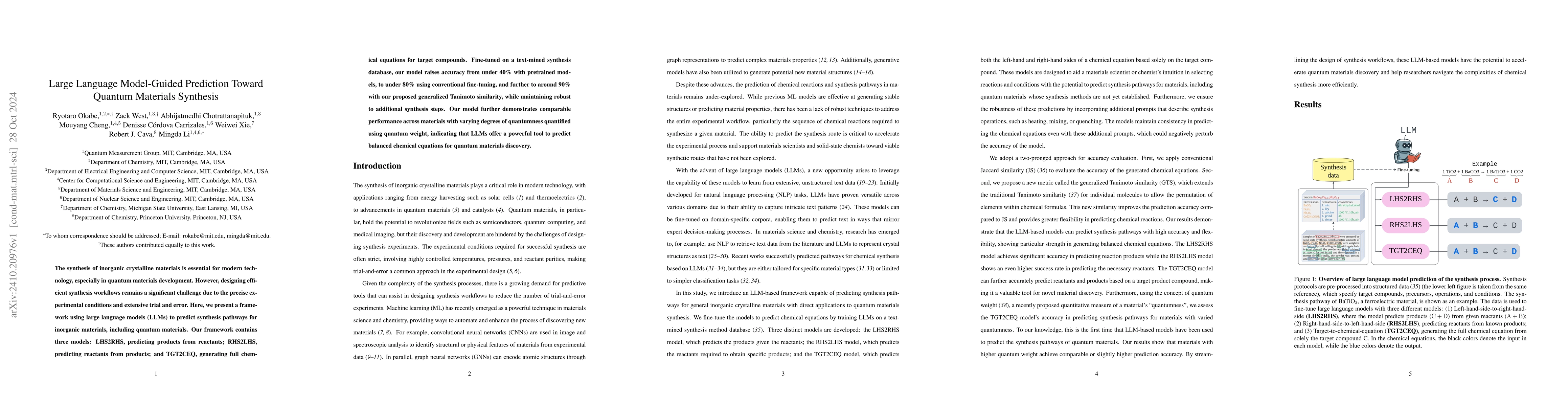 Thumbnail for Large Language Model-Guided Prediction Toward Quantum Materials
  Synthesis
