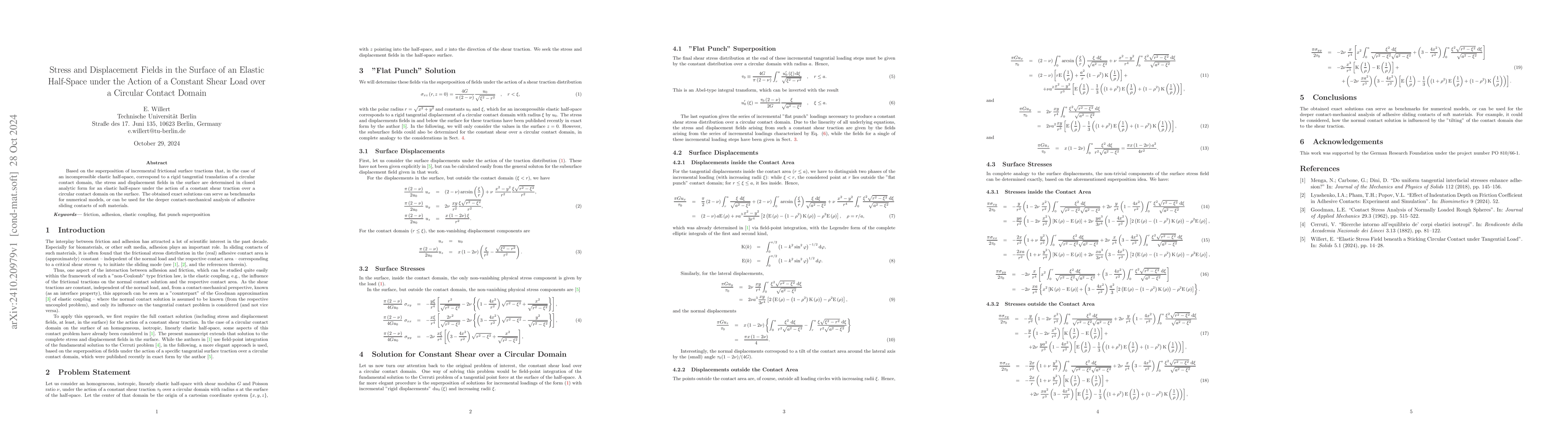 Thumbnail for Stress and Displacement Fields in the Surface of an Elastic Half-Space
  under the Action of a Constant Shear Load over a Circular Contact Domain
