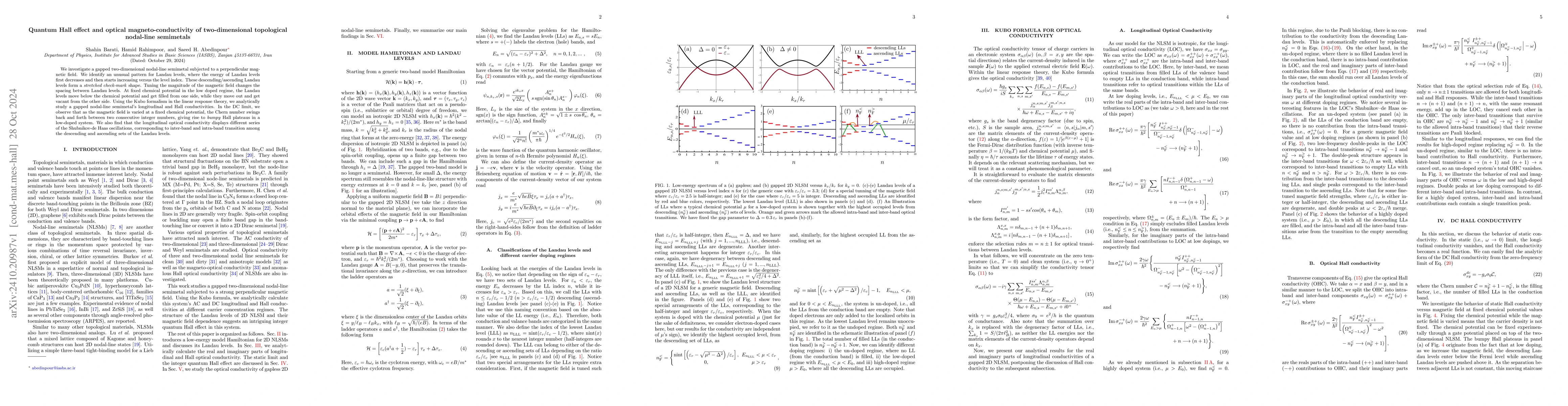 Thumbnail for Quantum Hall effect and optical magneto-conductivity of two-dimensional
  topological nodal-line semimetals