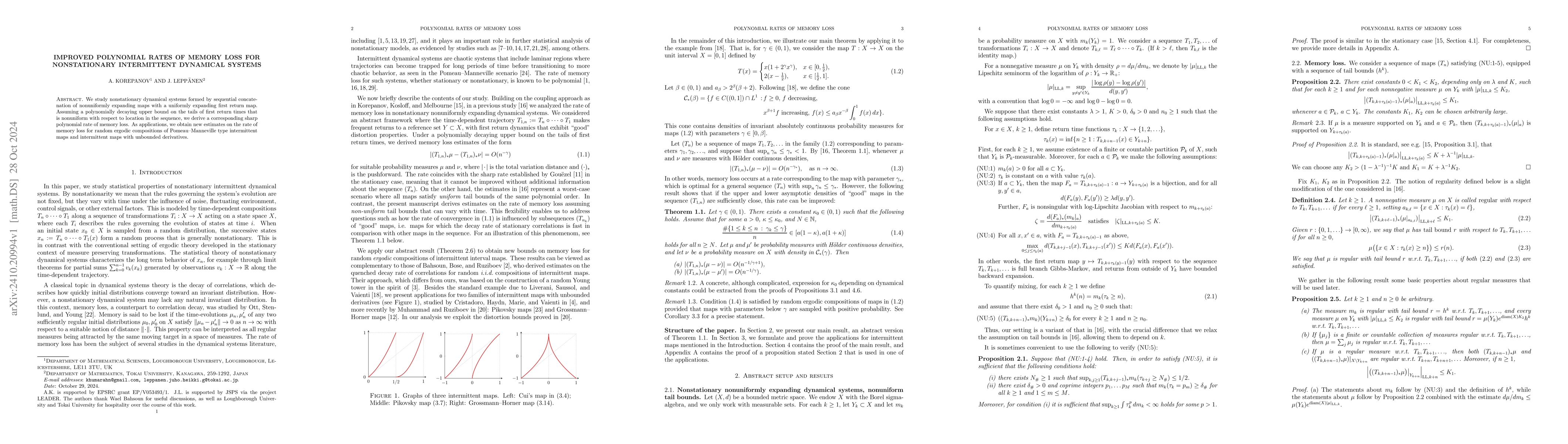 Thumbnail for Improved polynomial rates of memory loss for nonstationary intermittent
  dynamical systems