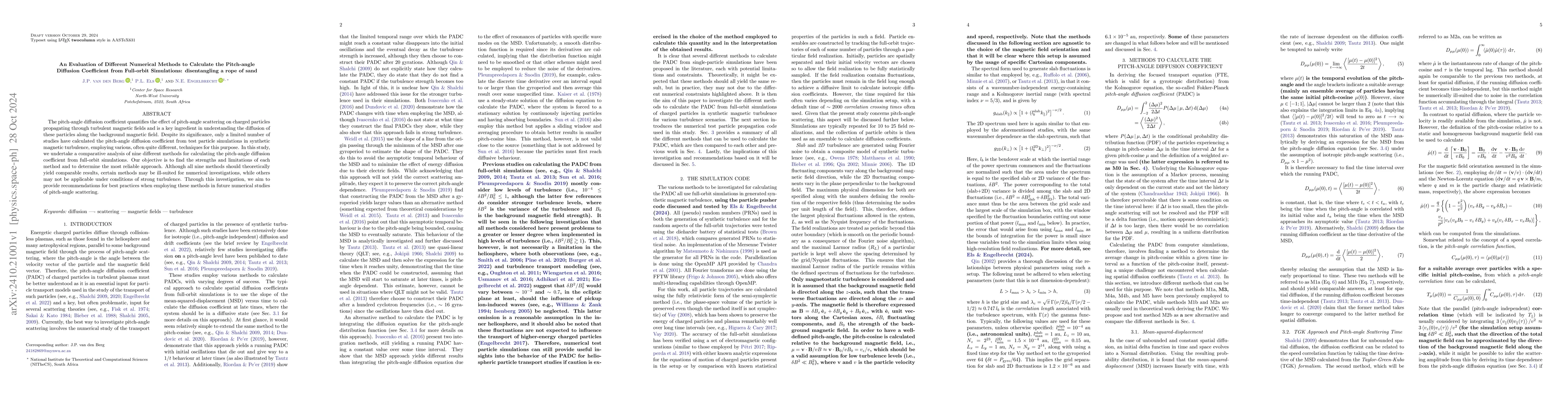 Thumbnail for An Evaluation of Different Numerical Methods to Calculate the
  Pitch-angle Diffusion Coefficient from Full-orbit Simulations: disentangling
  a rope of sand