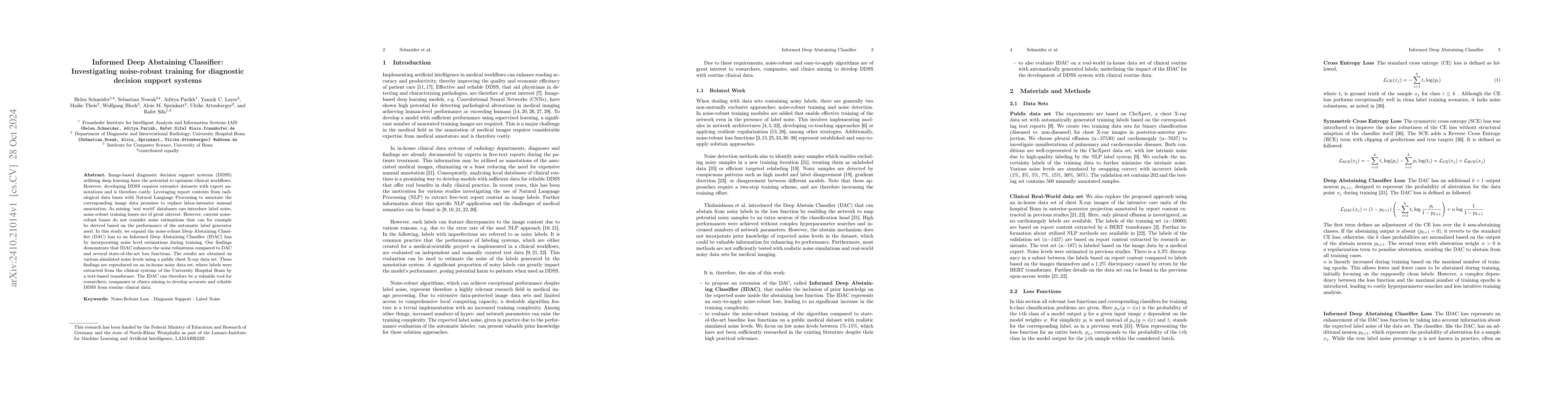 Thumbnail for Informed Deep Abstaining Classifier: Investigating noise-robust training
  for diagnostic decision support systems
