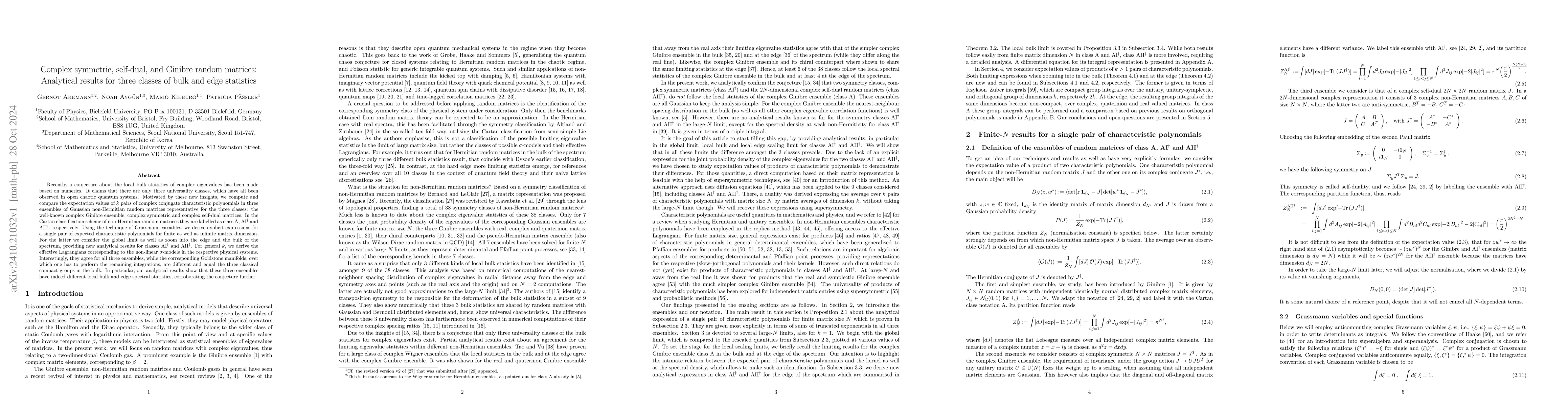 Thumbnail for Complex symmetric, self-dual, and Ginibre random matrices: Analytical
  results for three classes of bulk and edge statistics