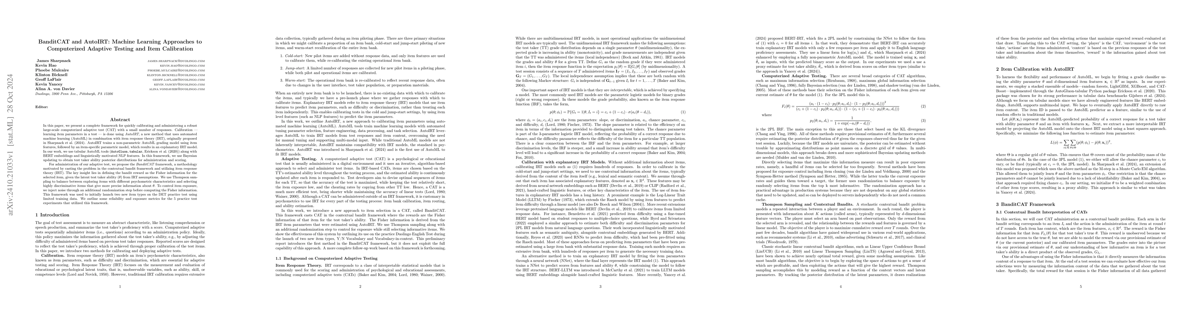 Thumbnail for BanditCAT and AutoIRT: Machine Learning Approaches to Computerized
  Adaptive Testing and Item Calibration