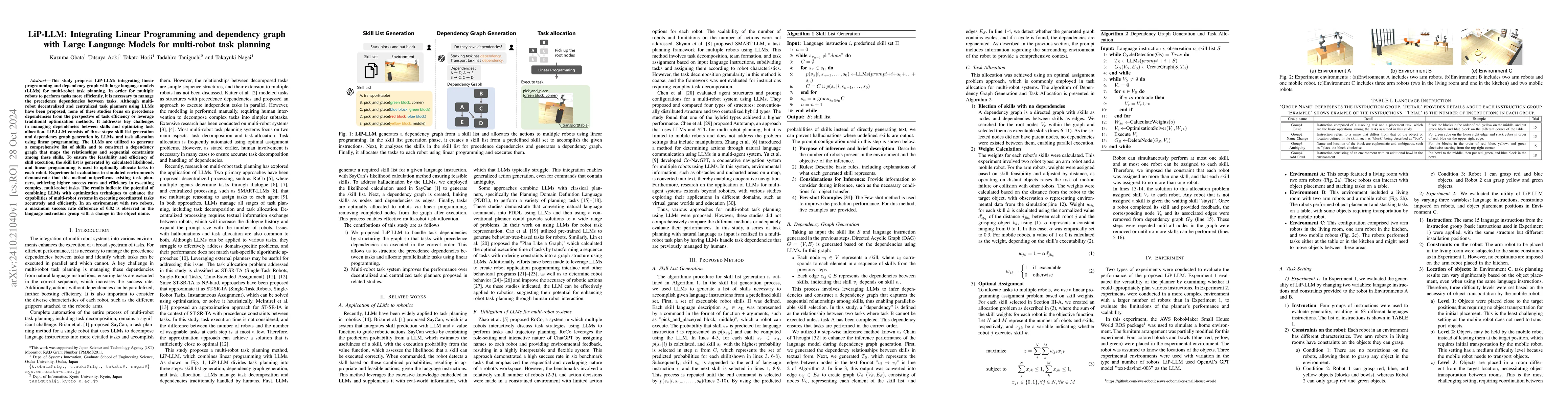 Thumbnail for LiP-LLM: Integrating Linear Programming and dependency graph with Large
  Language Models for multi-robot task planning