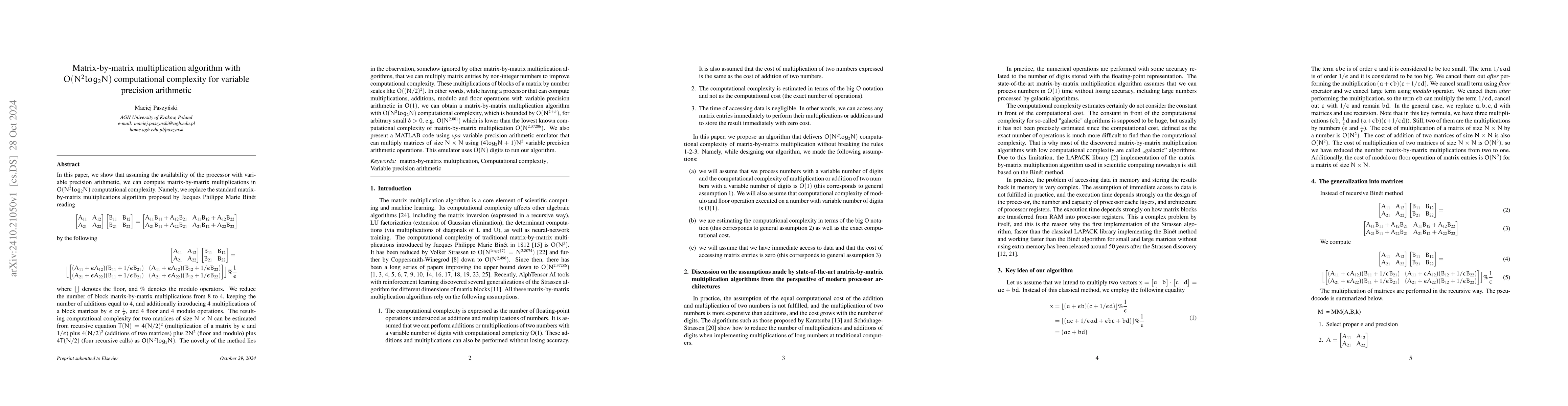 Thumbnail for Matrix-by-matrix multiplication algorithm with $O(N^2log_2N)$
  computational complexity for variable precision arithmetic