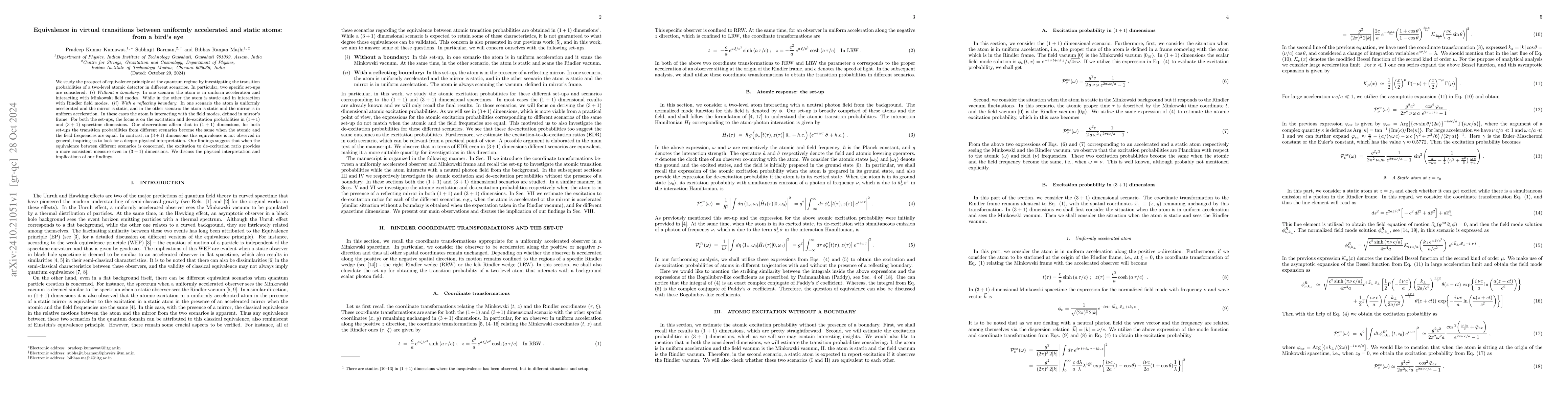 Thumbnail for Equivalence in virtual transitions between uniformly accelerated and
  static atoms: from a bird's eye