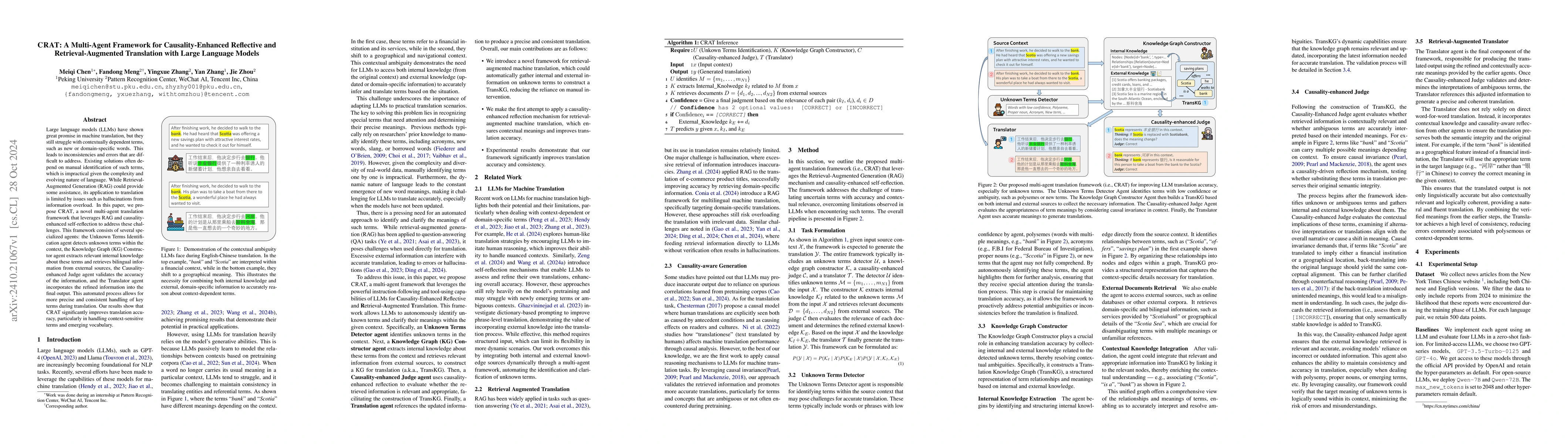 Thumbnail for CRAT: A Multi-Agent Framework for Causality-Enhanced Reflective and
  Retrieval-Augmented Translation with Large Language Models