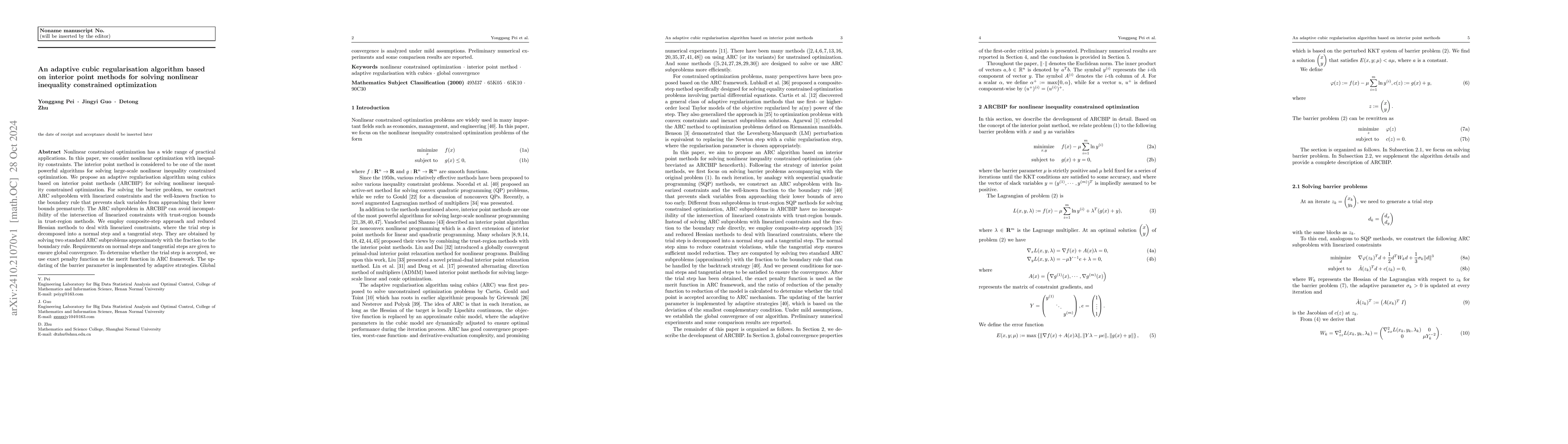 Thumbnail for An adaptive cubic regularisation algorithm based on interior point
  methods for solving nonlinear inequality constrained optimization