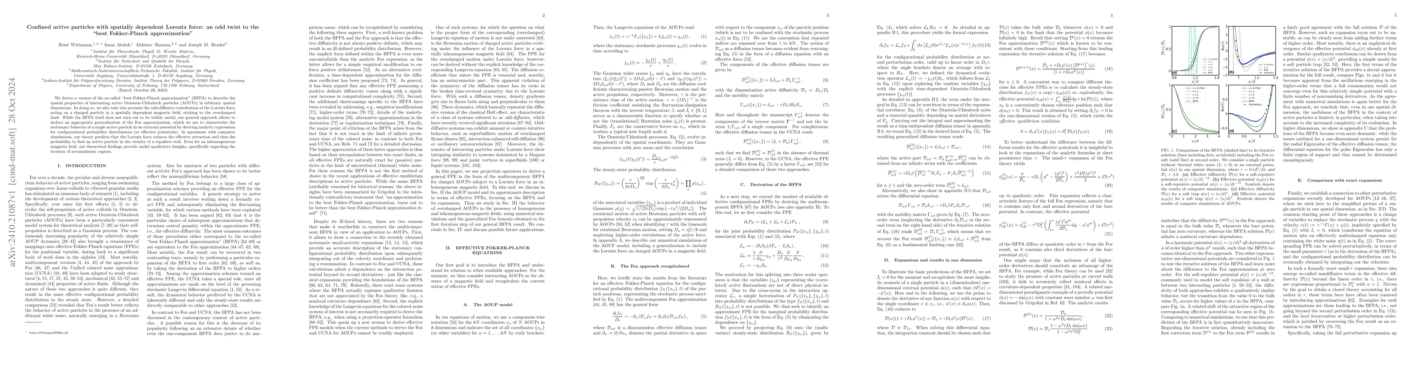 Thumbnail for Confined active particles with spatially dependent Lorentz force: an odd
  twist to the "best Fokker-Planck approximation"