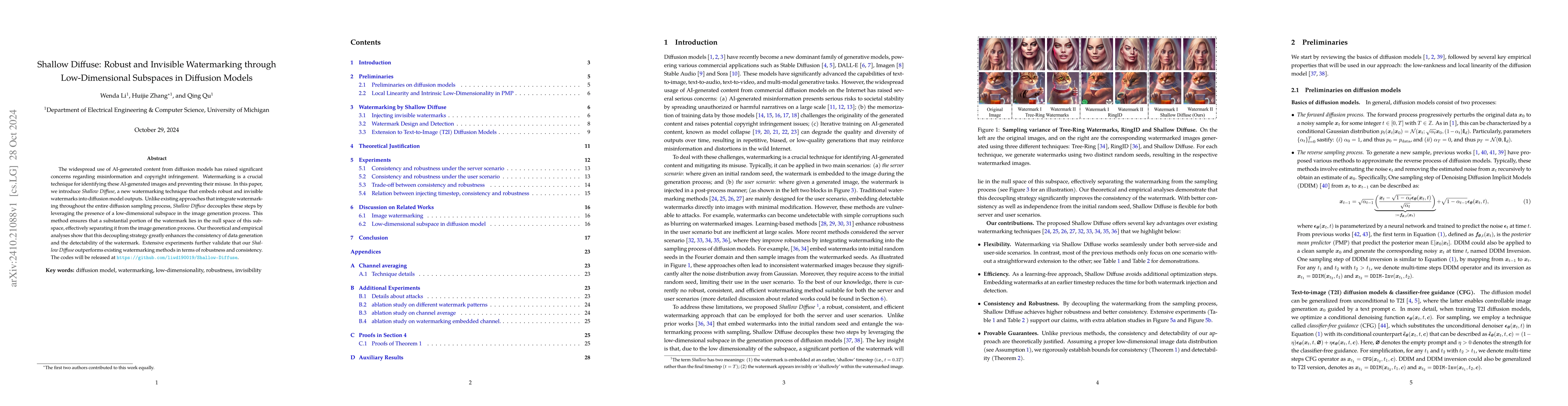 Thumbnail for Shallow Diffuse: Robust and Invisible Watermarking through
  Low-Dimensional Subspaces in Diffusion Models
