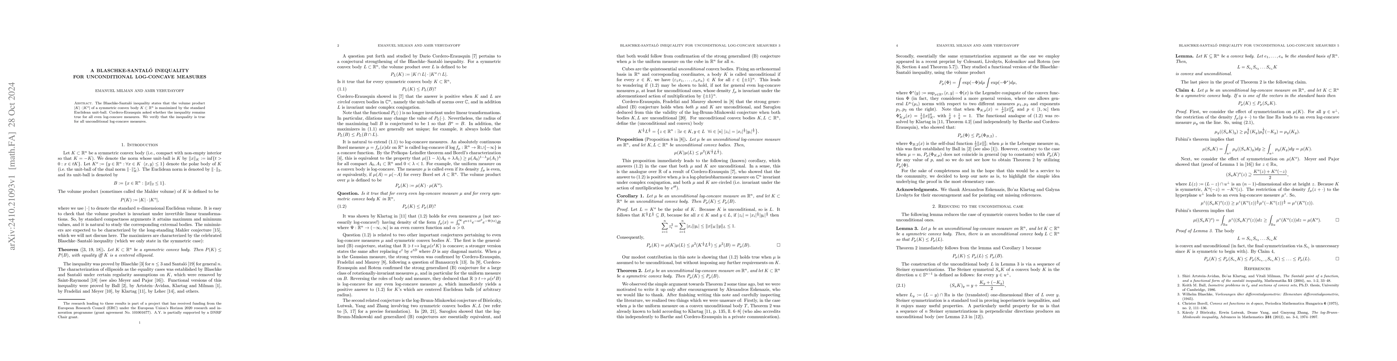 Thumbnail for A Blaschke-Santaló inequality for unconditional log-concave measures