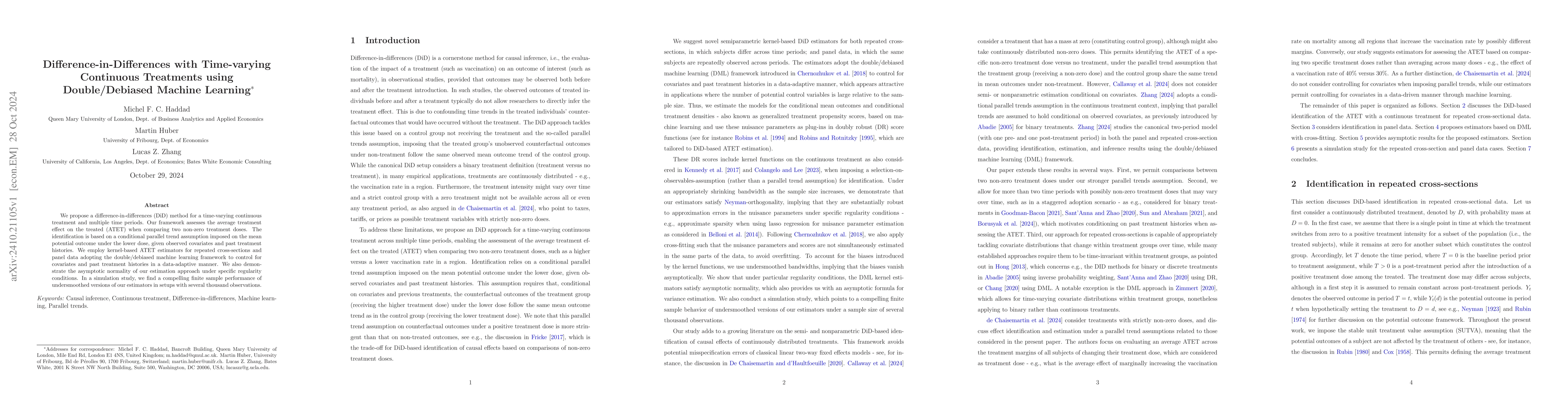 Thumbnail for Difference-in-Differences with Time-varying Continuous Treatments using
  Double/Debiased Machine Learning
