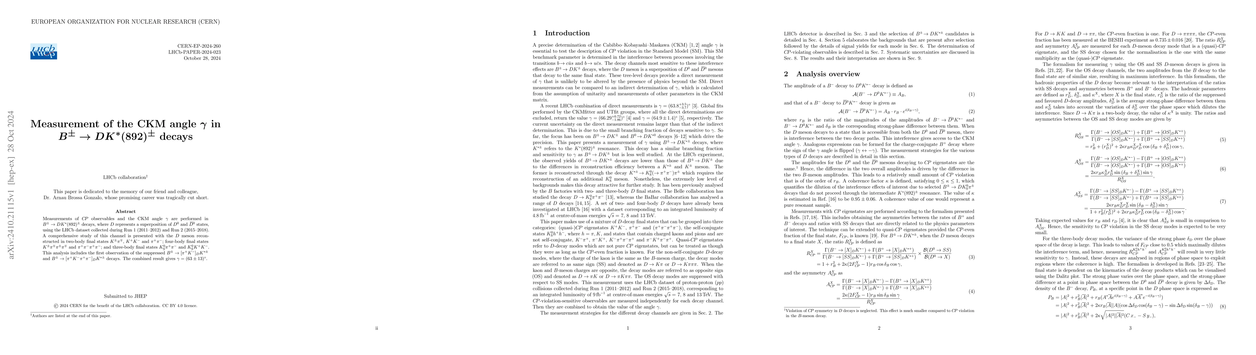 Thumbnail for Measurement of the CKM angle $γ$ in $B^{\pm} \to D K^*(892)^{\pm}$
  decays