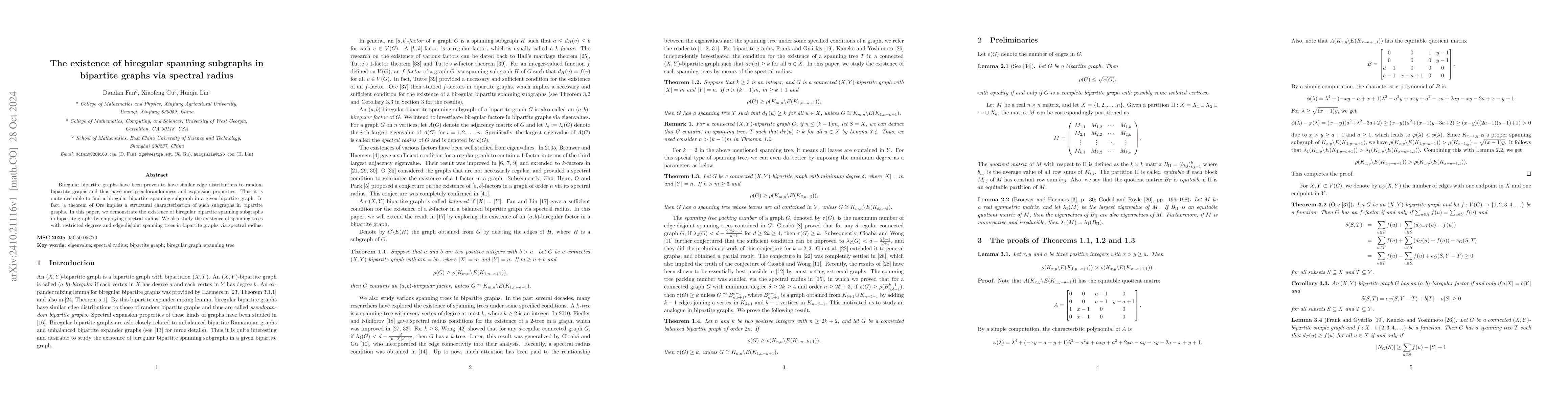 Thumbnail for The existence of biregular spanning subgraphs in bipartite graphs via
  spectral radius