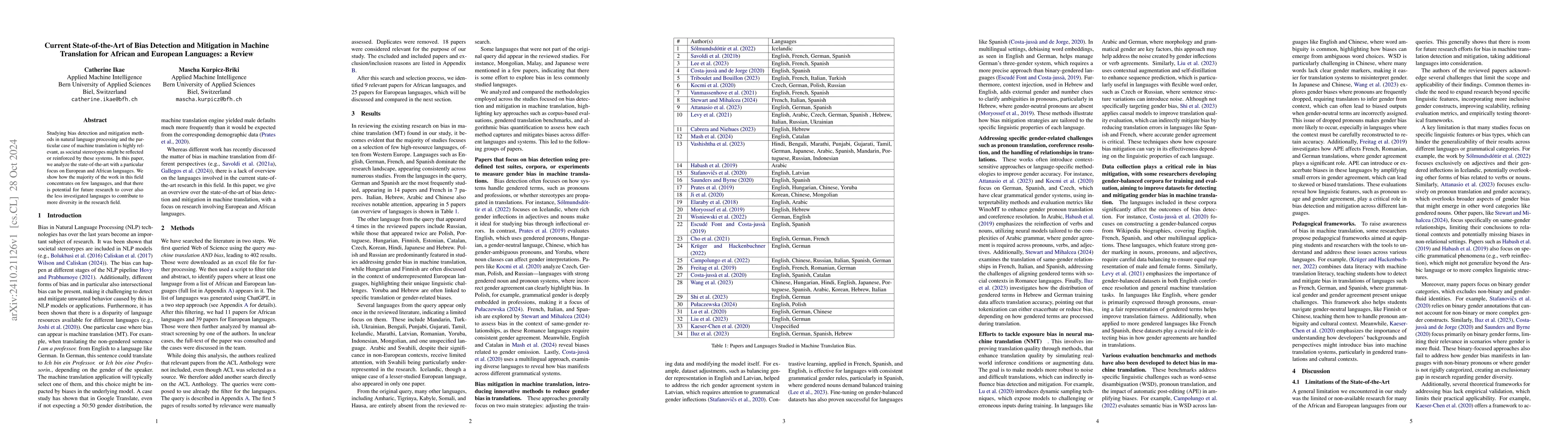 Thumbnail for Current State-of-the-Art of Bias Detection and Mitigation in Machine
  Translation for African and European Languages: a Review