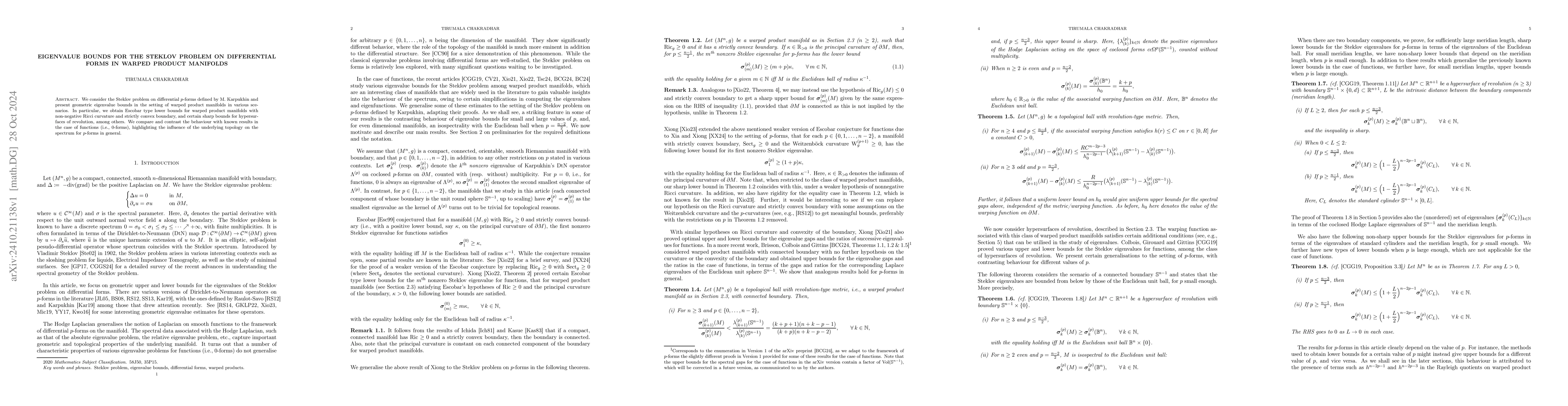 Thumbnail for Eigenvalue bounds for the Steklov problem on differential forms in
  warped product manifolds
