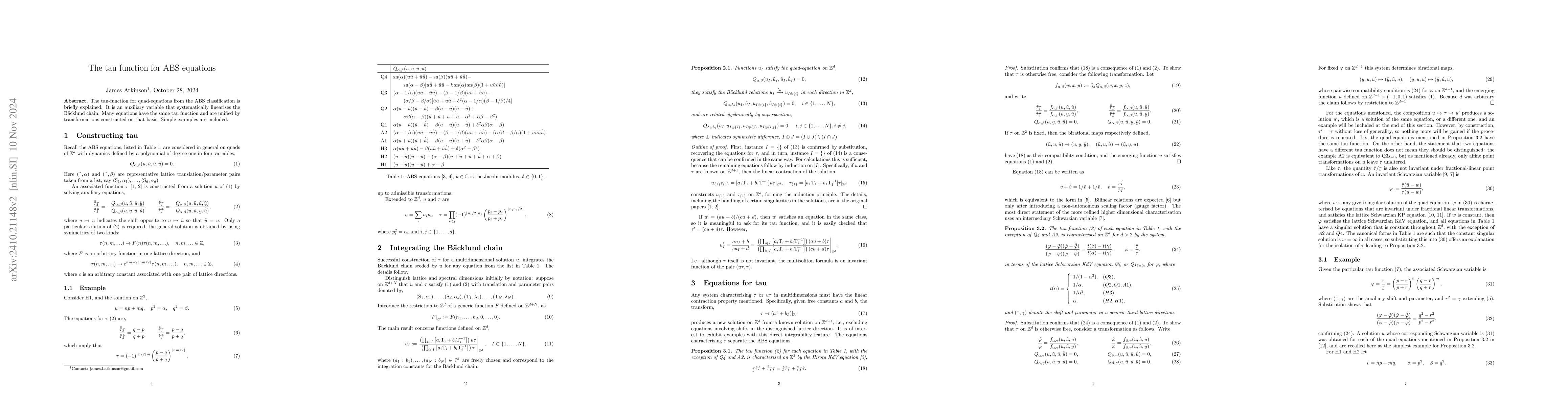 Thumbnail for The tau function for ABS equations