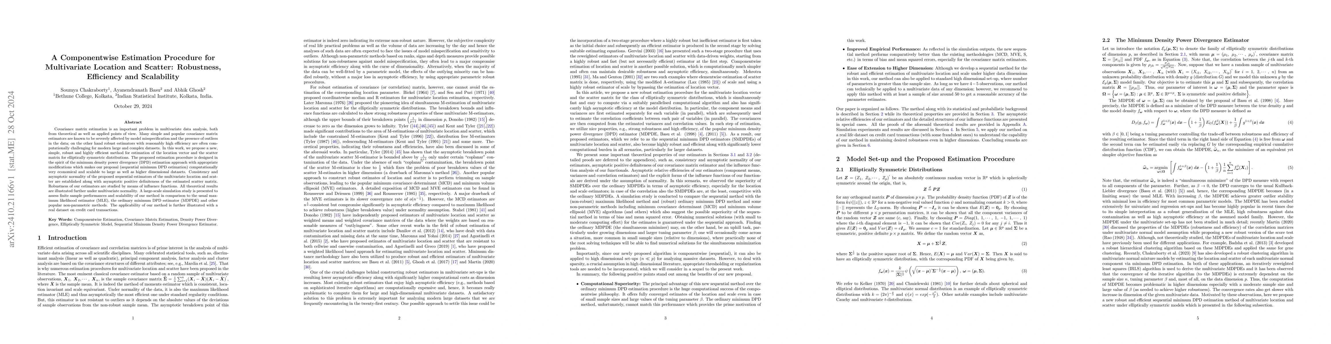 Thumbnail for A Componentwise Estimation Procedure for Multivariate Location and
  Scatter: Robustness, Efficiency and Scalability