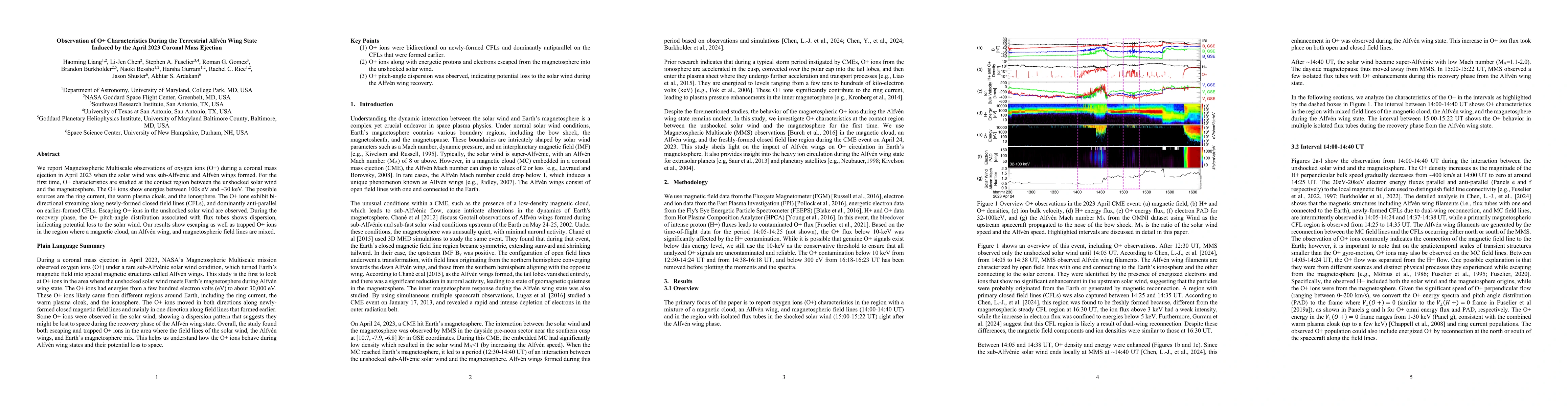 Thumbnail for Observation of O+ Characteristics During the Terrestrial Alfvén Wing
  State Induced by the April 2023 Coronal Mass Ejection