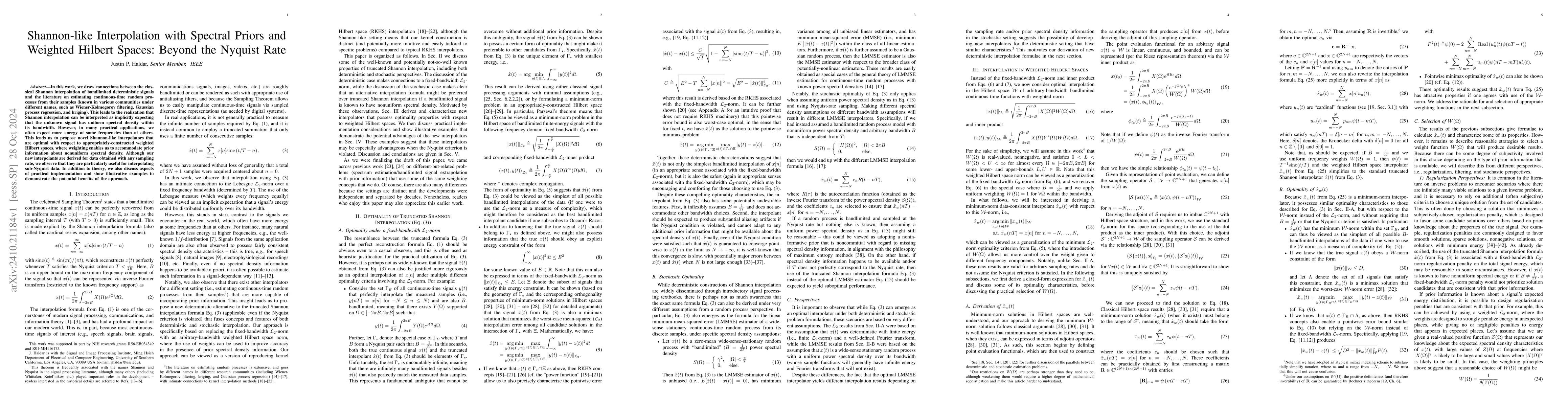 Thumbnail for Shannon-like Interpolation with Spectral Priors and Weighted Hilbert
  Spaces: Beyond the Nyquist Rate