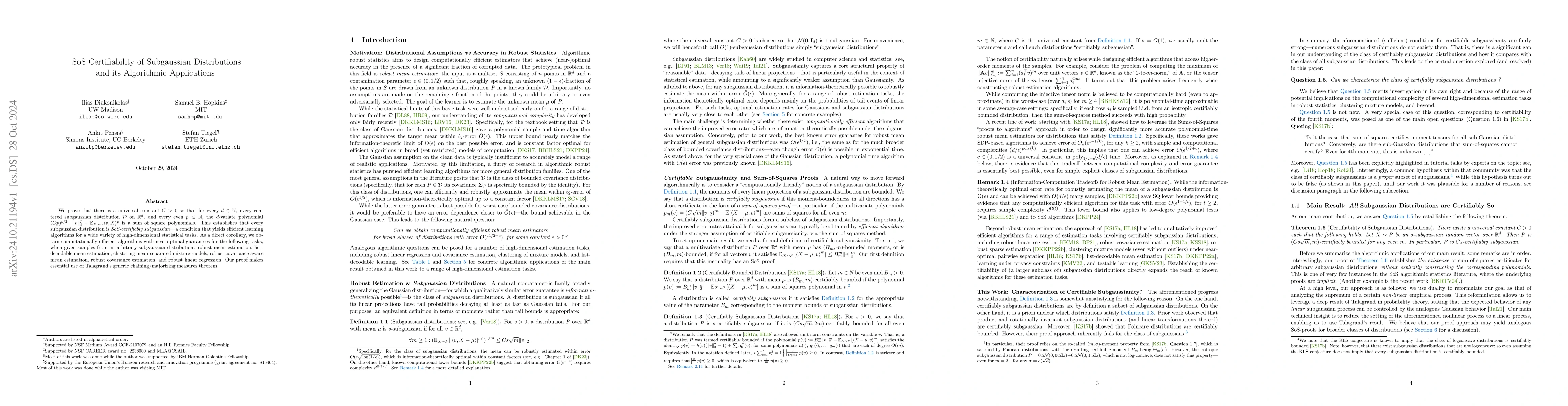 Thumbnail for SoS Certifiability of Subgaussian Distributions and its Algorithmic
  Applications