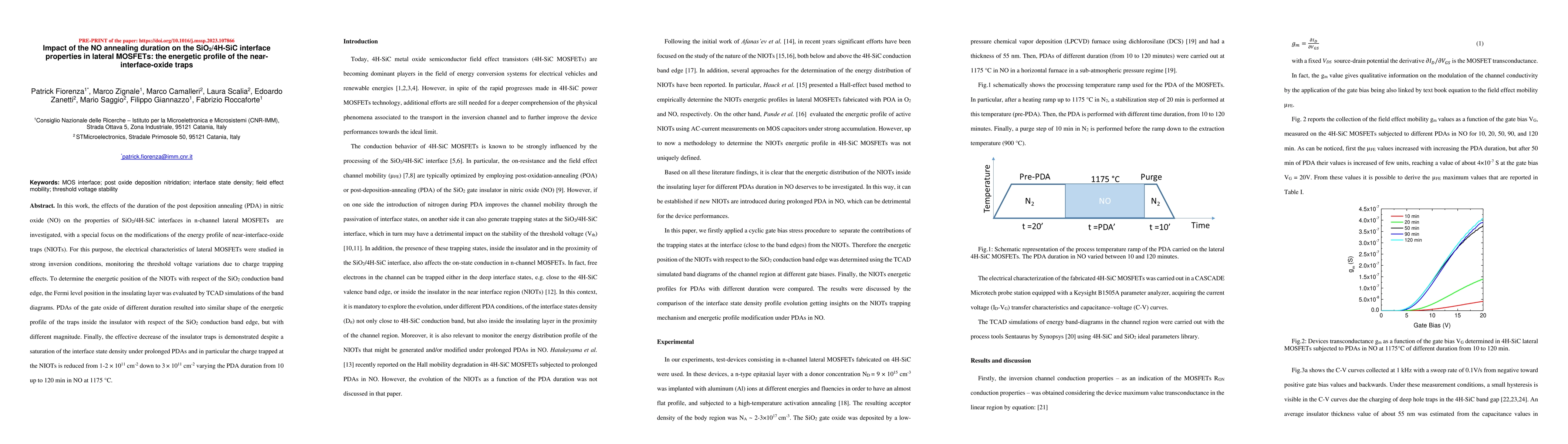 Thumbnail for Impact of the NO annealing duration on the SiO2/4H-SiC interface
  properties in lateral MOSFETs: the energetic profile of the
  near-interface-oxide traps