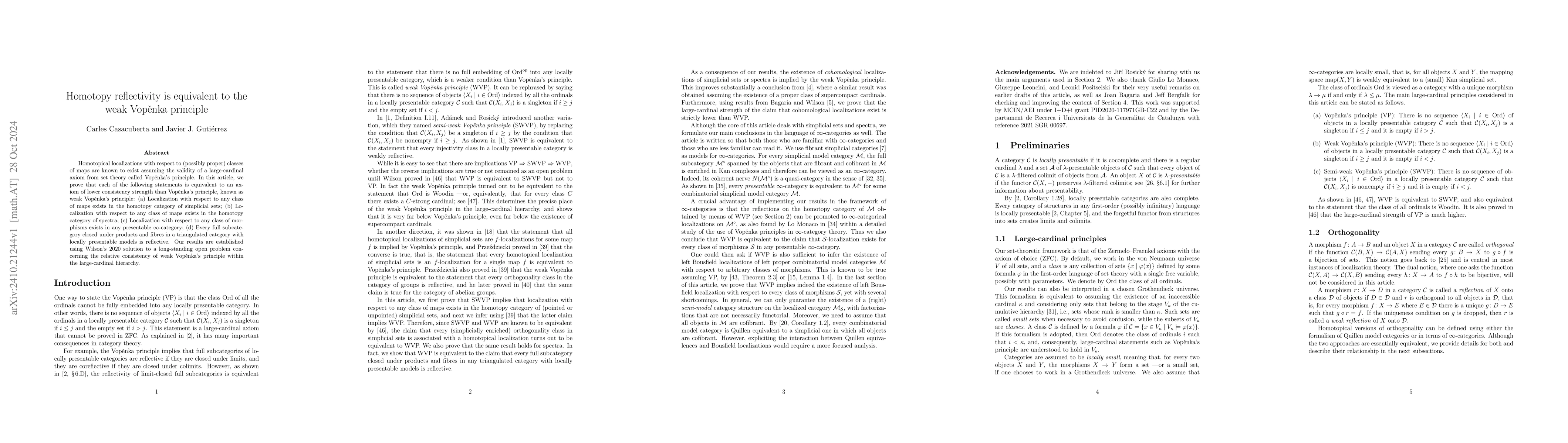 Thumbnail for Homotopy reflectivity is equivalent to the weak Vopěnka principle
