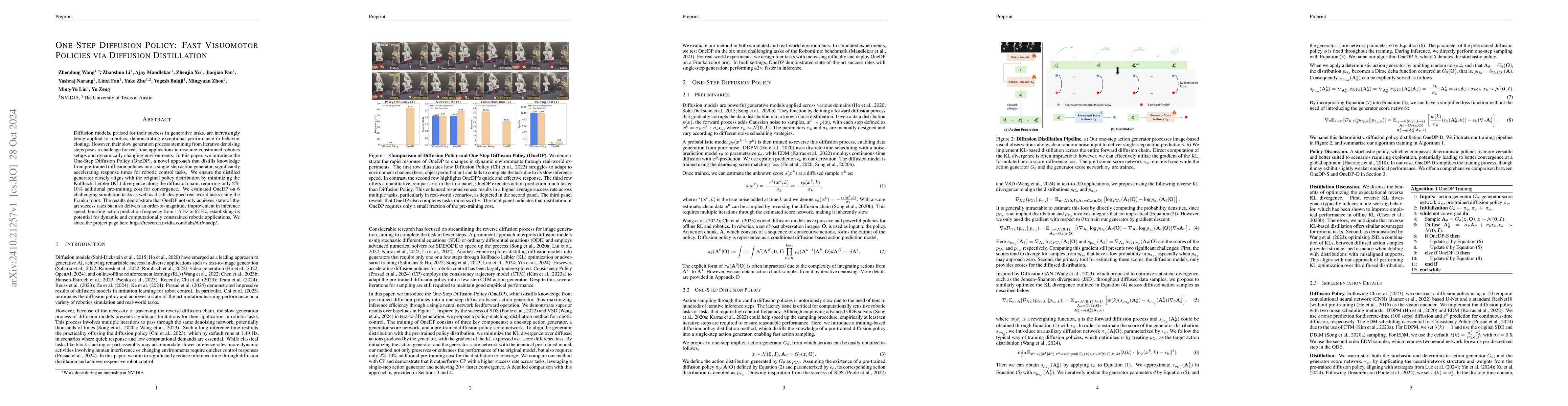 Thumbnail for One-Step Diffusion Policy: Fast Visuomotor Policies via Diffusion
  Distillation