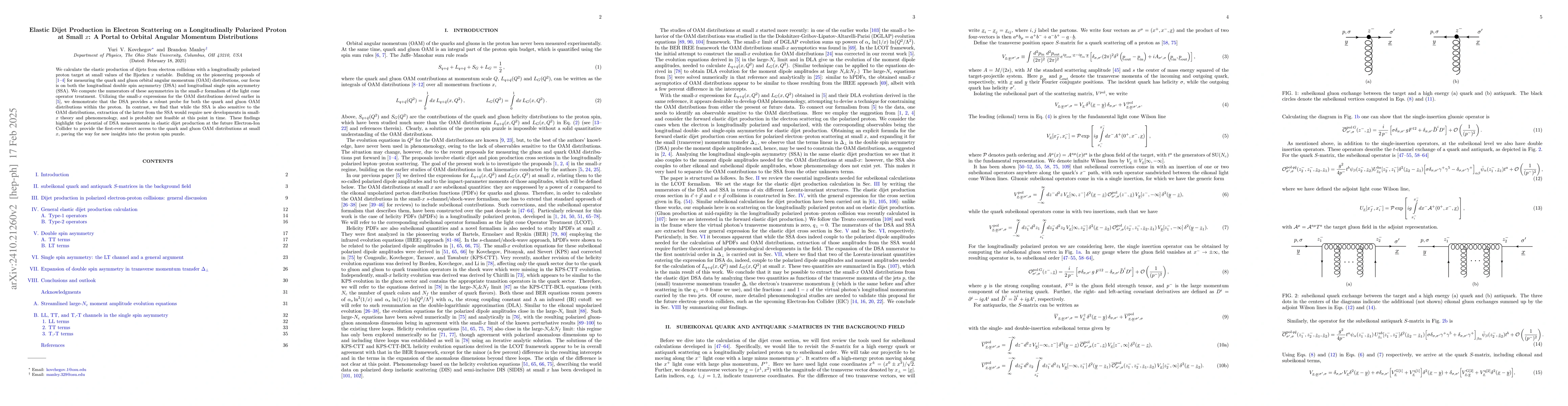 Thumbnail for Elastic Dijet Production in Electron Scattering on a Longitudinally
  Polarized Proton at Small $x$: A Portal to Orbital Angular Momentum
  Distributions
