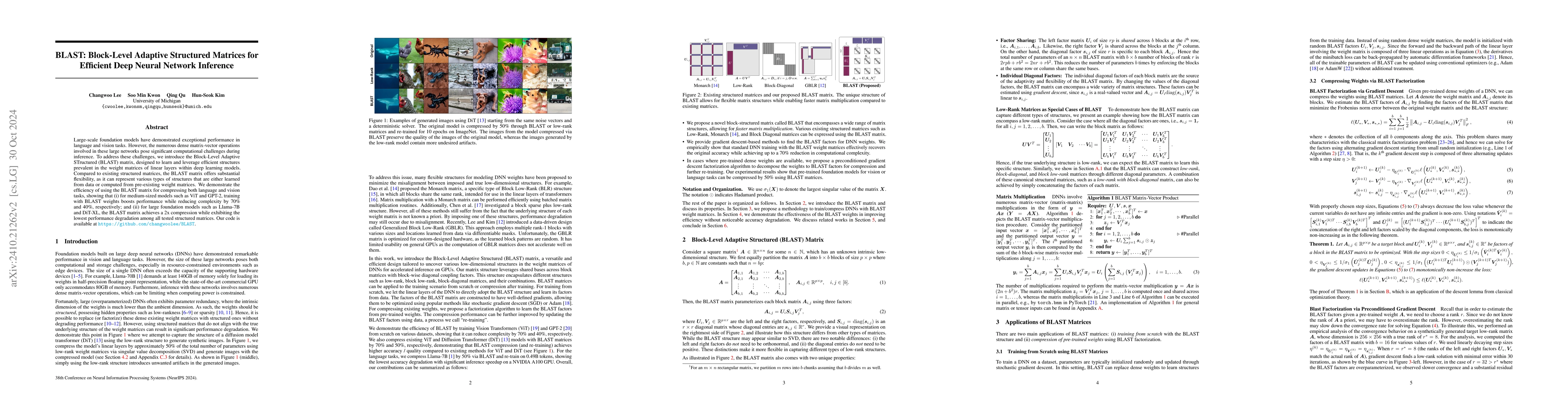 Thumbnail for BLAST: Block-Level Adaptive Structured Matrices for Efficient Deep
  Neural Network Inference